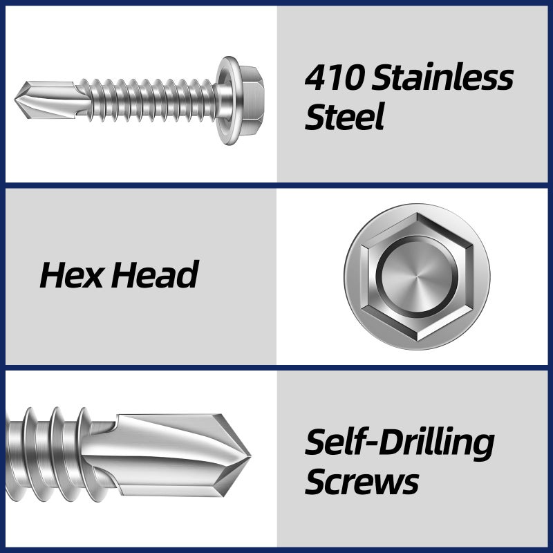 MewuDecor #14 x 1 (3/4" to 3" Available) Hex Washer Head Self Drilling Sheet Metal Screws with Drill Point, Stainless Steel 410, Pack of 50 - Image 4